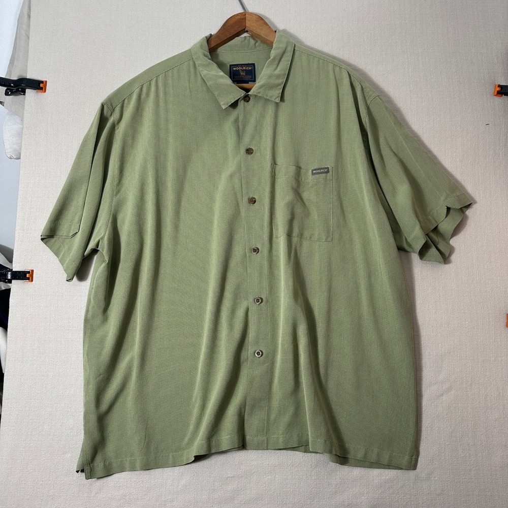 Woolrich Button Up Shirt Mens 2XL Green Good Short Sleeve Micro Check Textured